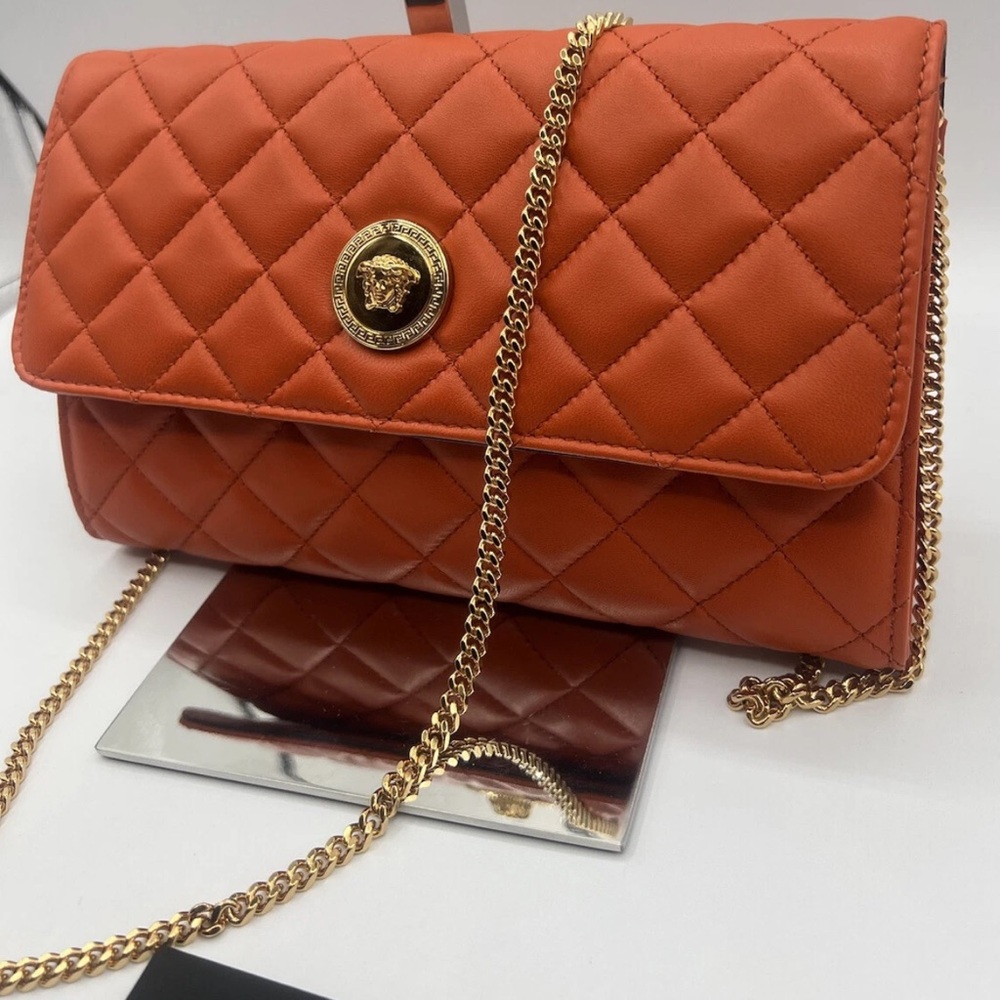 Versace Quilted Orange Chain Shoulder Bag $ 1500 Retail